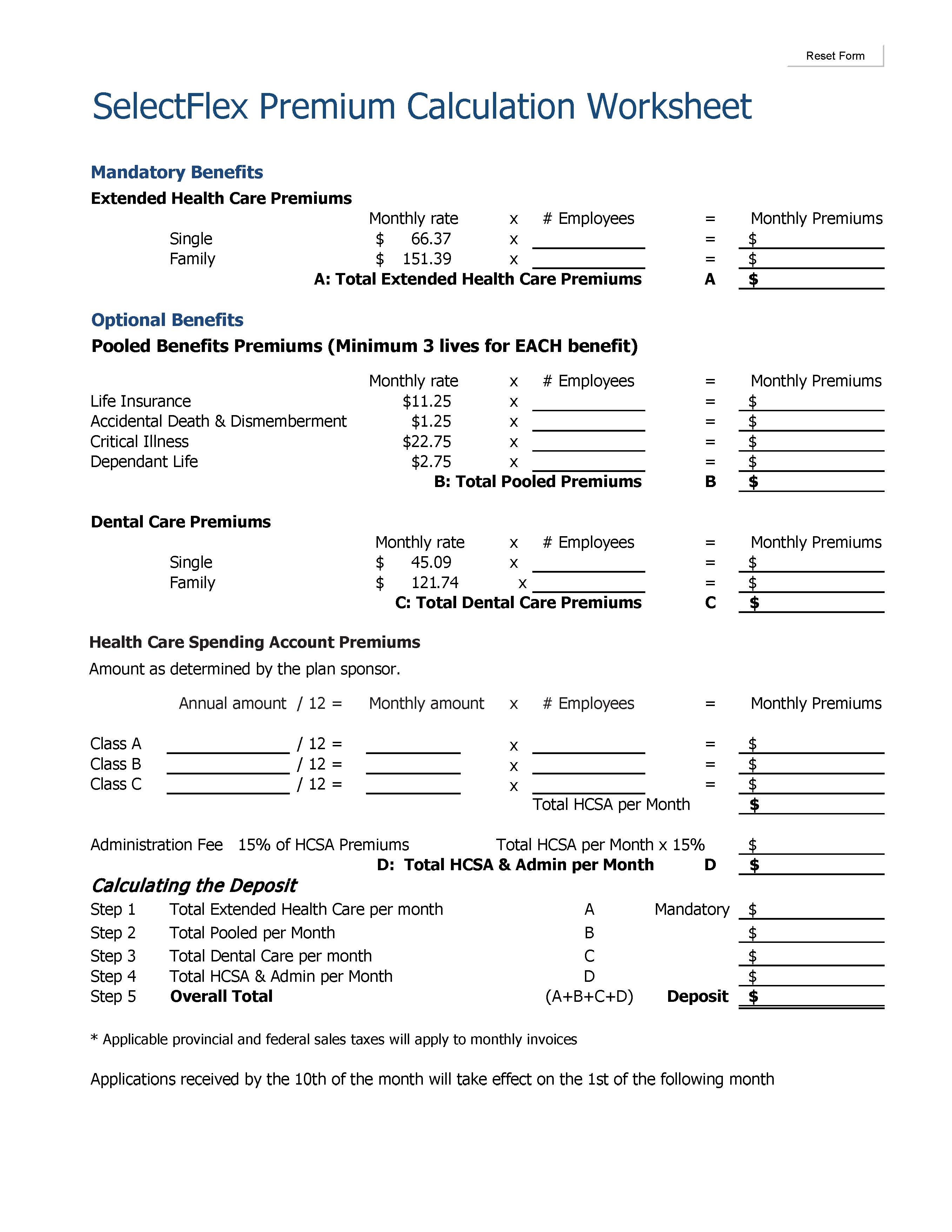 Premium Calculation Worksheet Select Flex Benefits